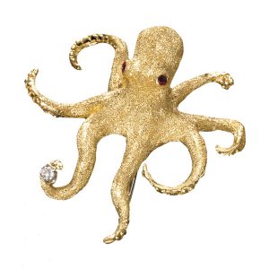 Gold Octopus Pin Diamond Ruby Eyes