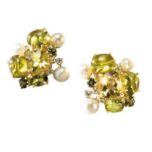 Cluster Earrings with Peridots, Lemon Citrines, Green Tourmalines, Pearls and Diamonds scully and scully