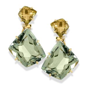 18k Gold Quadrilateral Praziolite & Olive Quartz Earrings